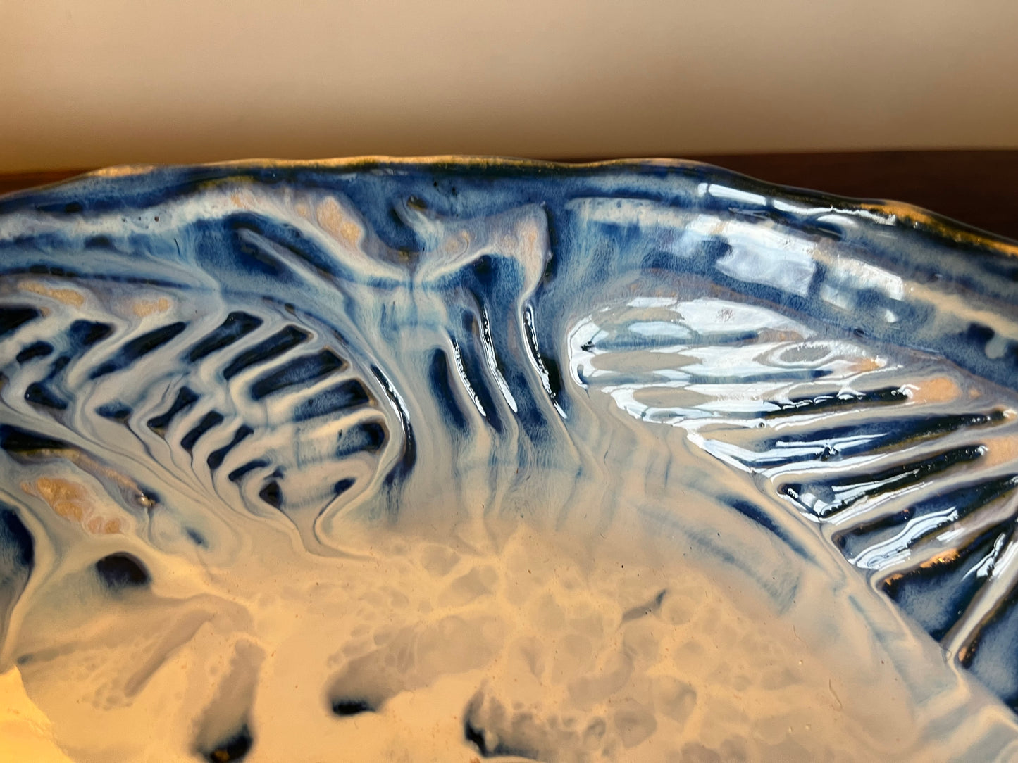 Extra large stoneware bowl - blue sgraffito with pearl white glaze