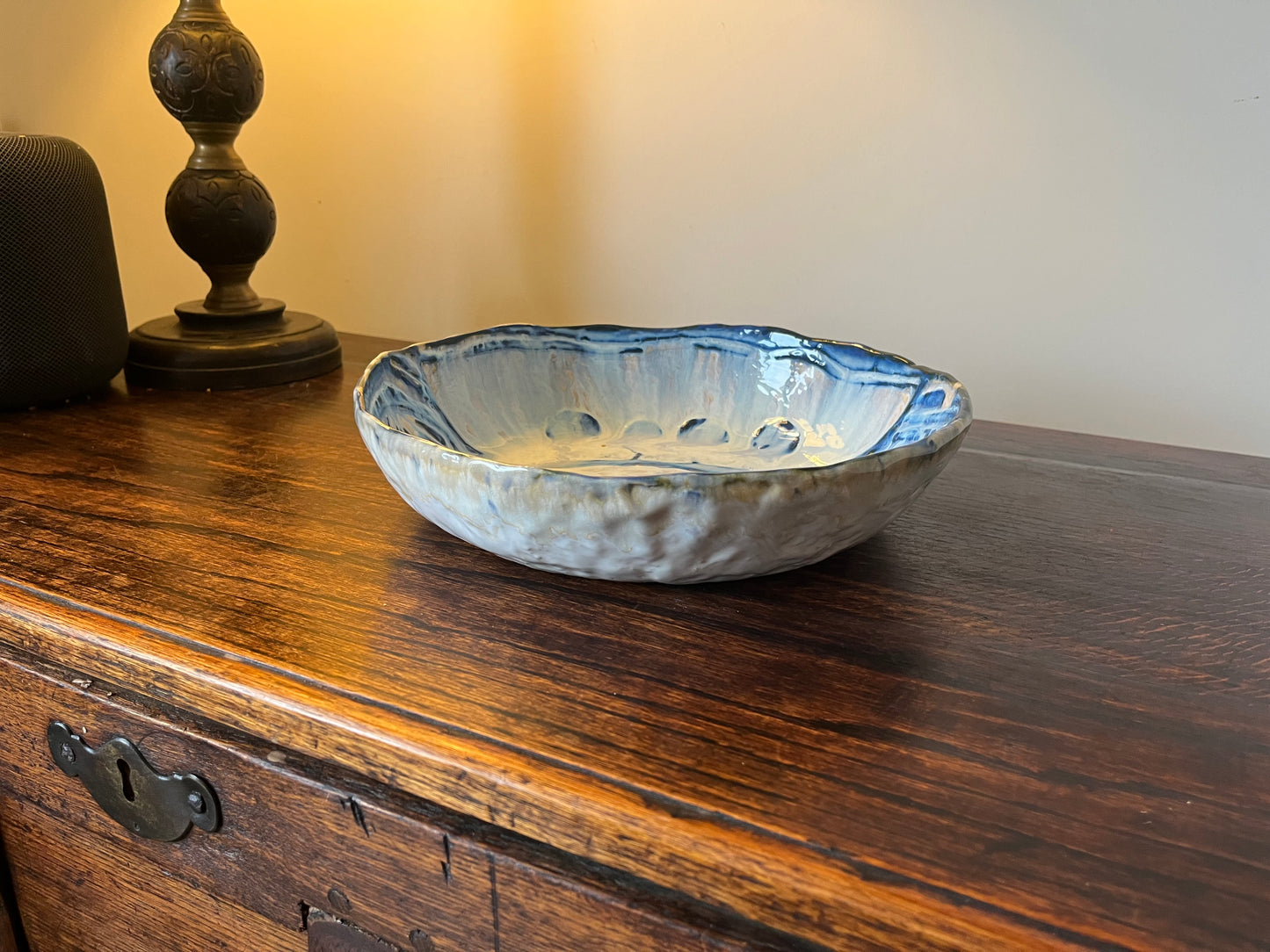 Extra large stoneware bowl - blue sgraffito with pearl white glaze
