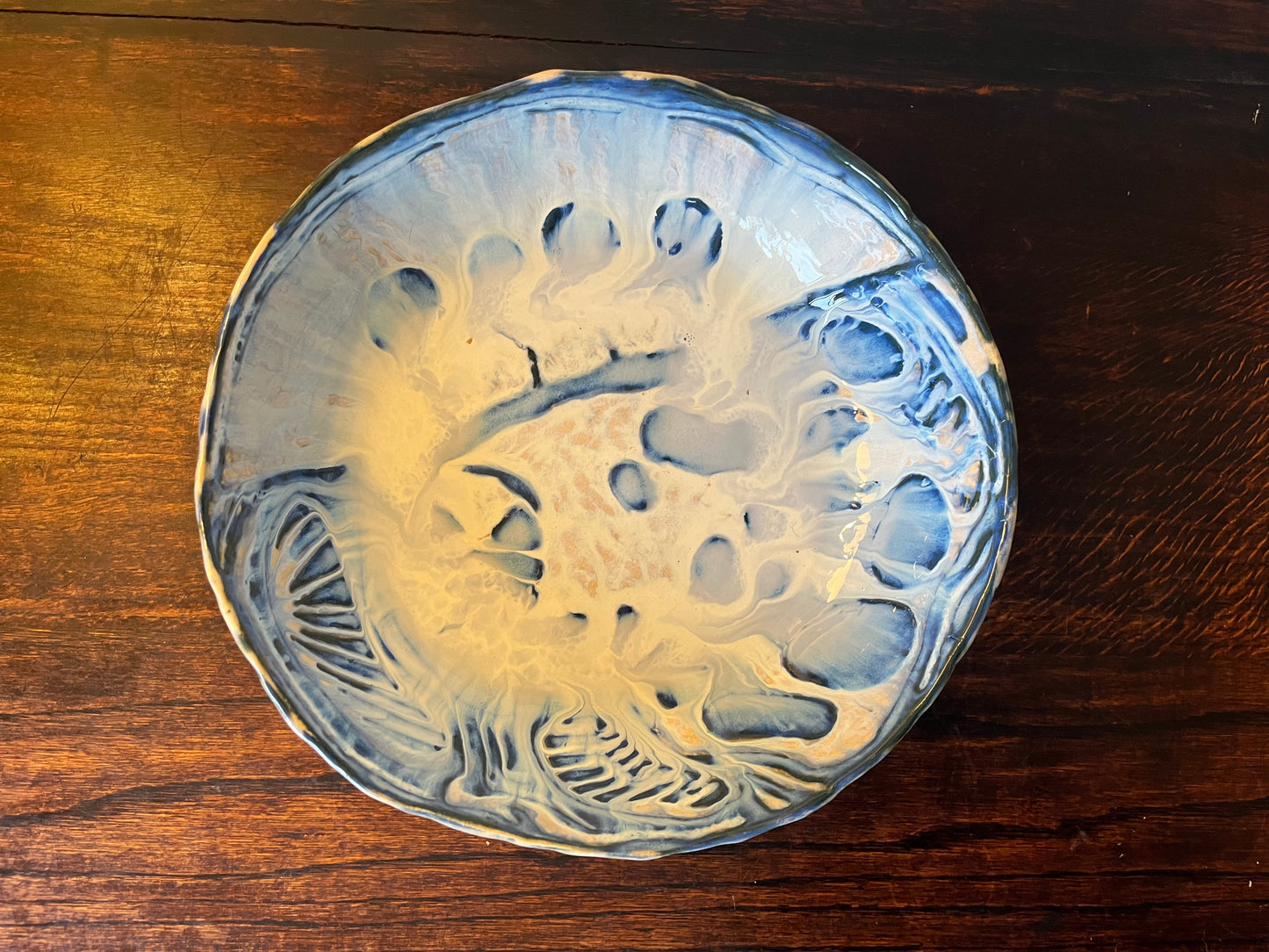 Extra large stoneware bowl - blue sgraffito with pearl white glaze