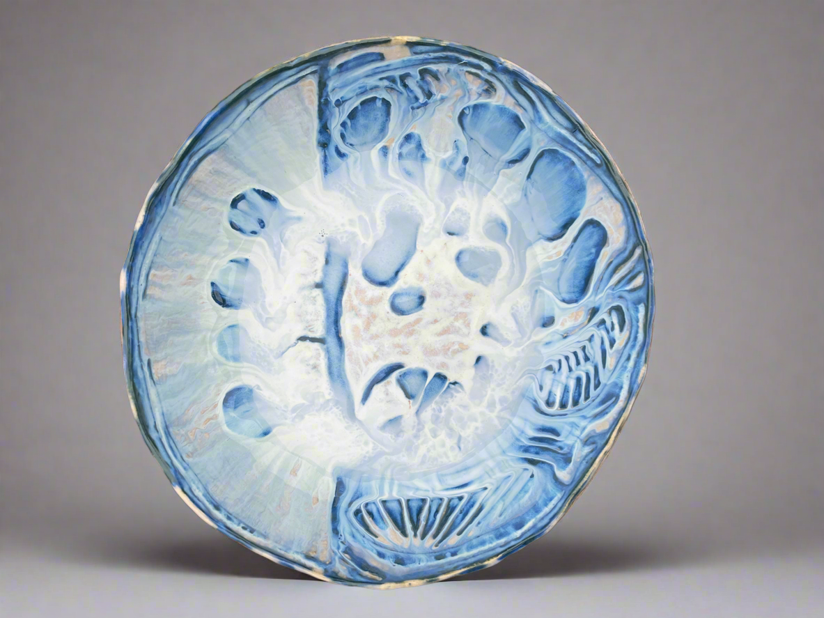 Extra large stoneware bowl - blue sgraffito with pearl white glaze