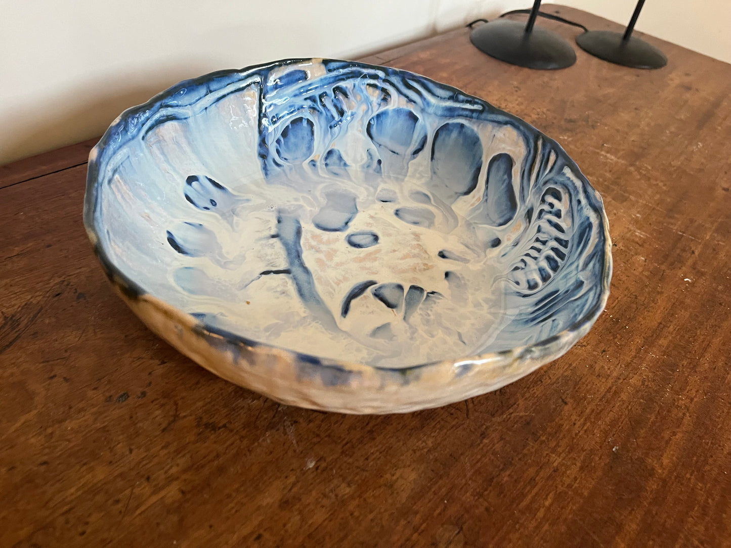 Extra large stoneware bowl - blue sgraffito with pearl white glaze