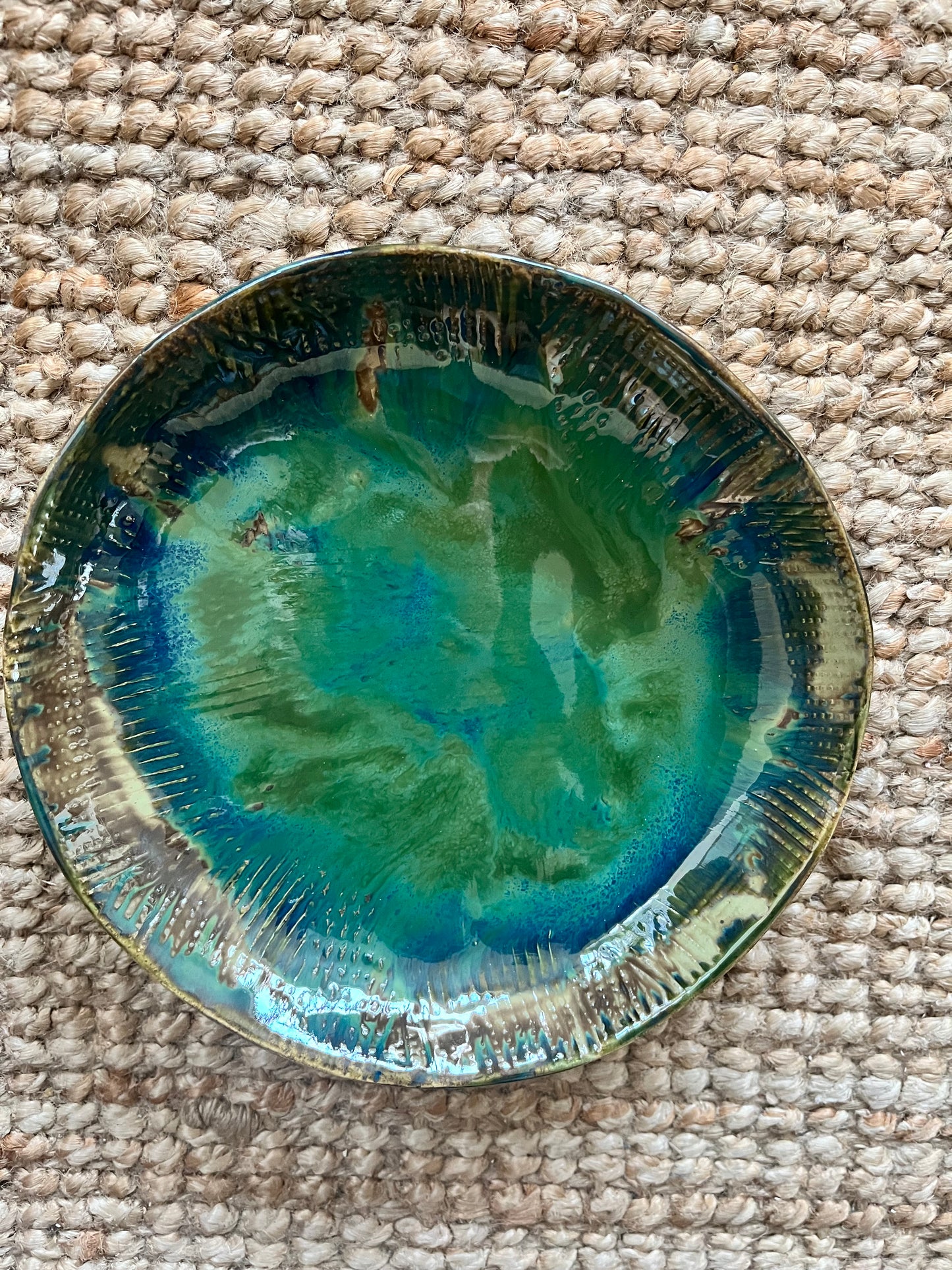 Textured stoneware set - greens and blues