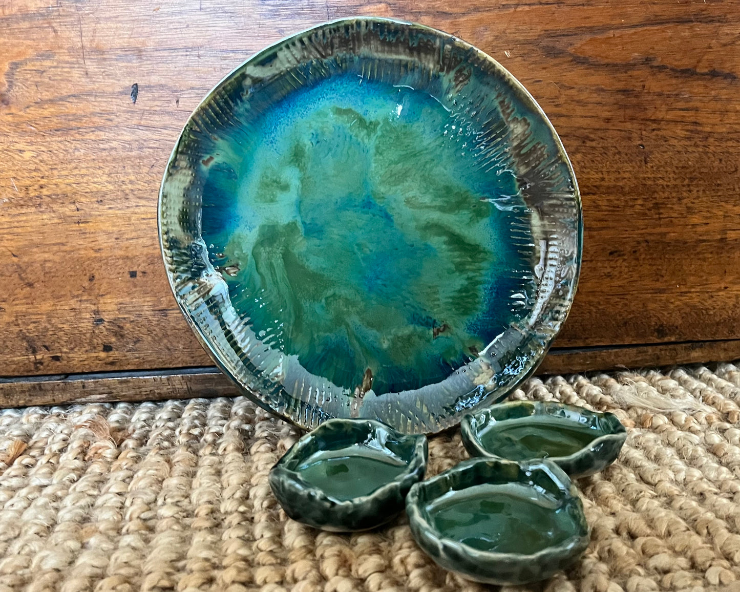 Textured stoneware set - greens and blues