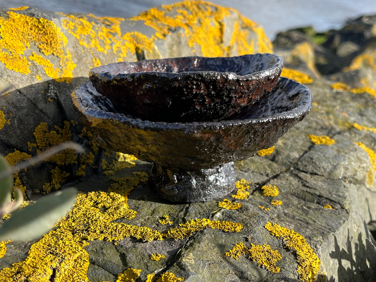 Ancient copper footed bowls - texture, set of 2