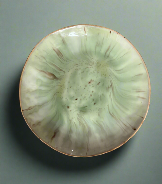 Shallow double-footed bowl in flowing greens and creams