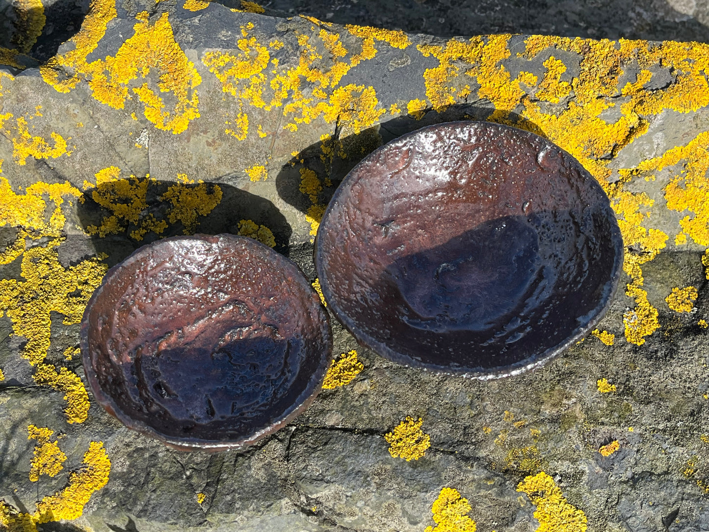 Ancient copper footed bowls - texture, set of 2