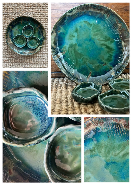 Textured stoneware set - greens and blues